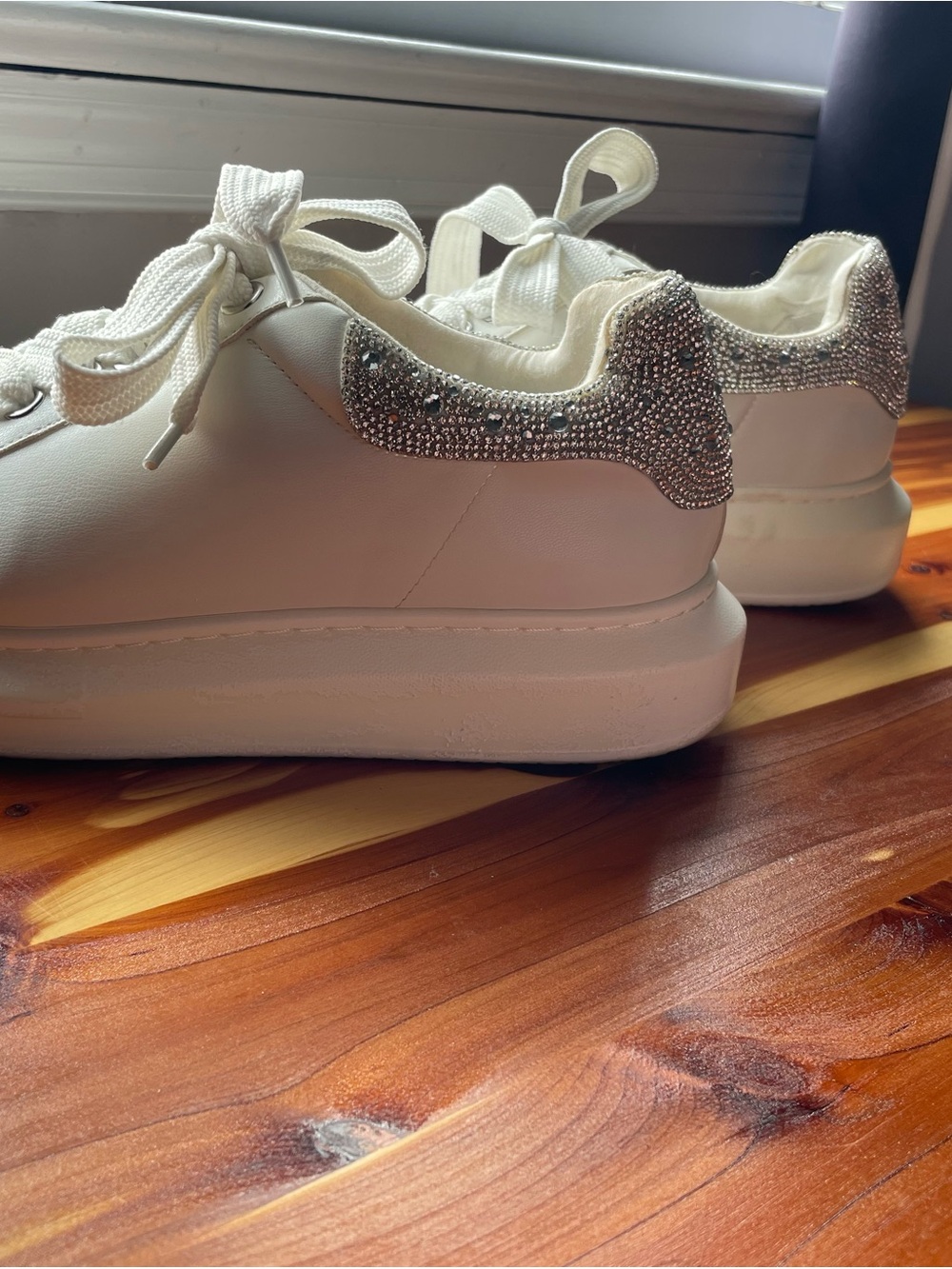 Steve Madden White Sneakers with Silver Crystal Heel Accent